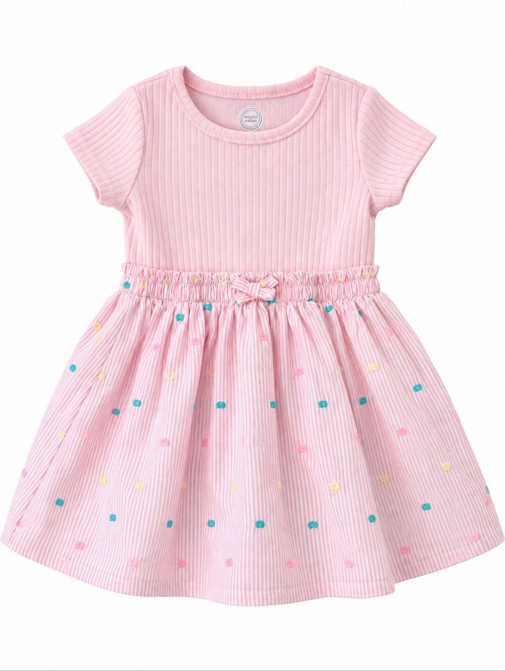 Wonder Nation Girls 2T Pink Striped Ribbed Short Sleeve Dress Bow